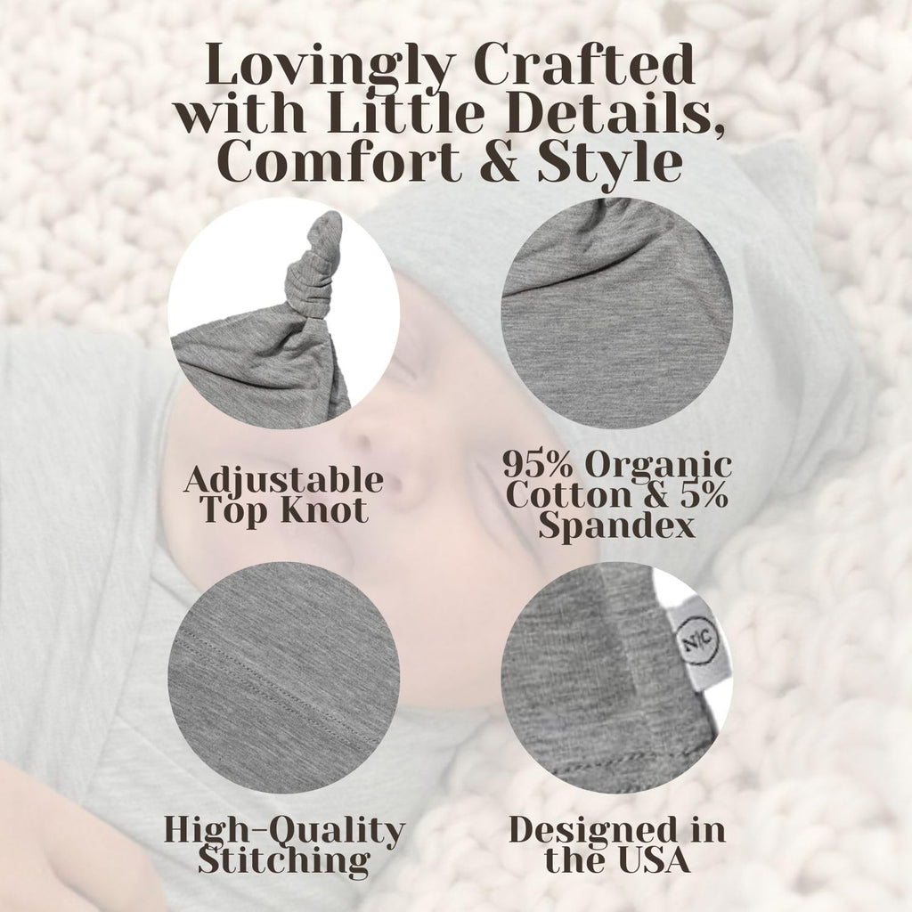 Organic Cotton Set-of-4 Baby Hats, Knotted Buttery-Soft Baby Hats Jet, Heather, Cocoa, Sand in Size 0-3 Months