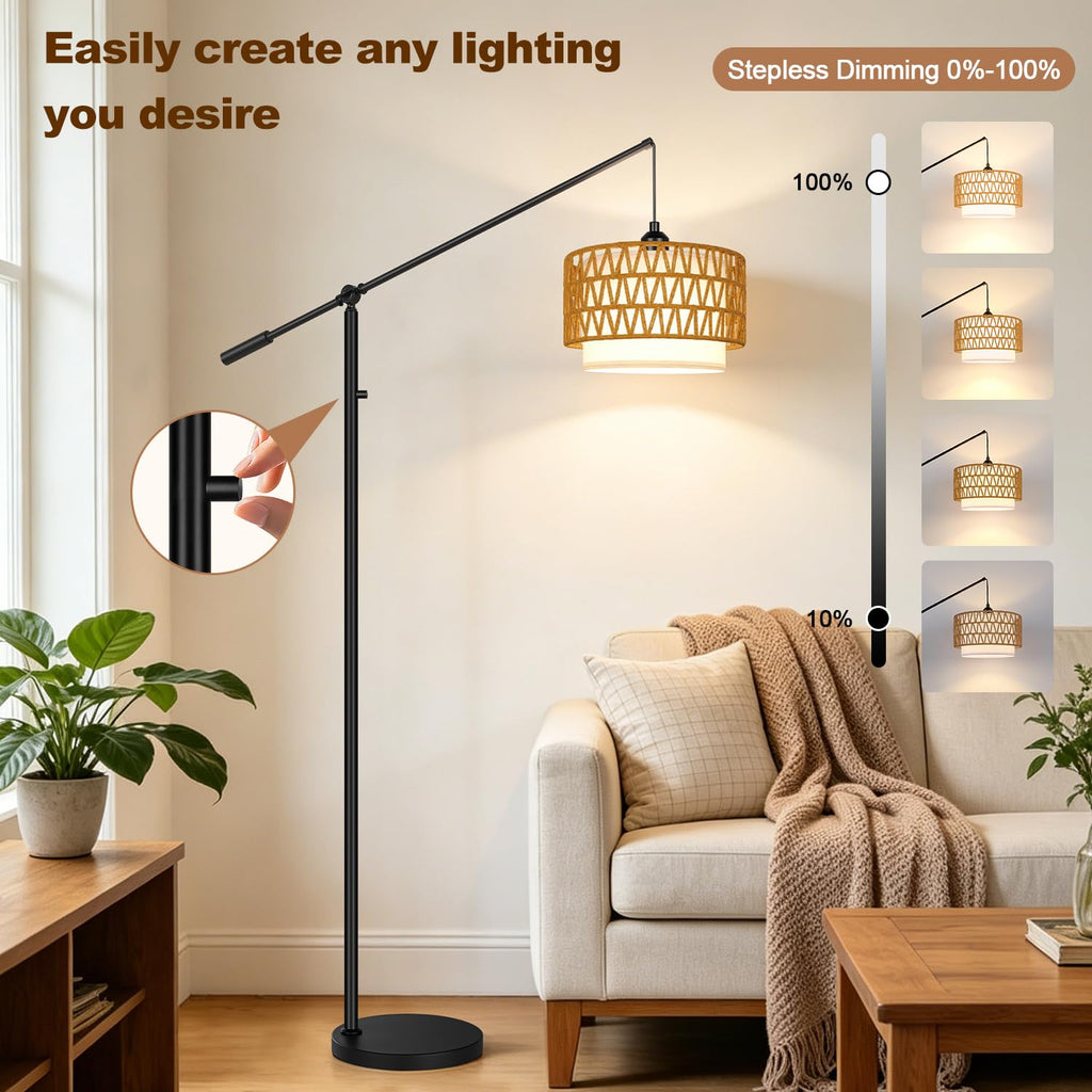 Boho Dimmable Arc Floor Lamp with Adjustable Swing Arm, Dimmer Knob, Black