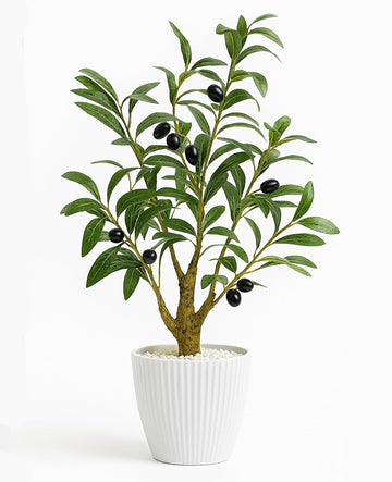 Faux Olive Tree, 16.9 Inches Small Fake Olive Trees with White Pot, Realistic Fake Tree Potted Plant and Lifelike