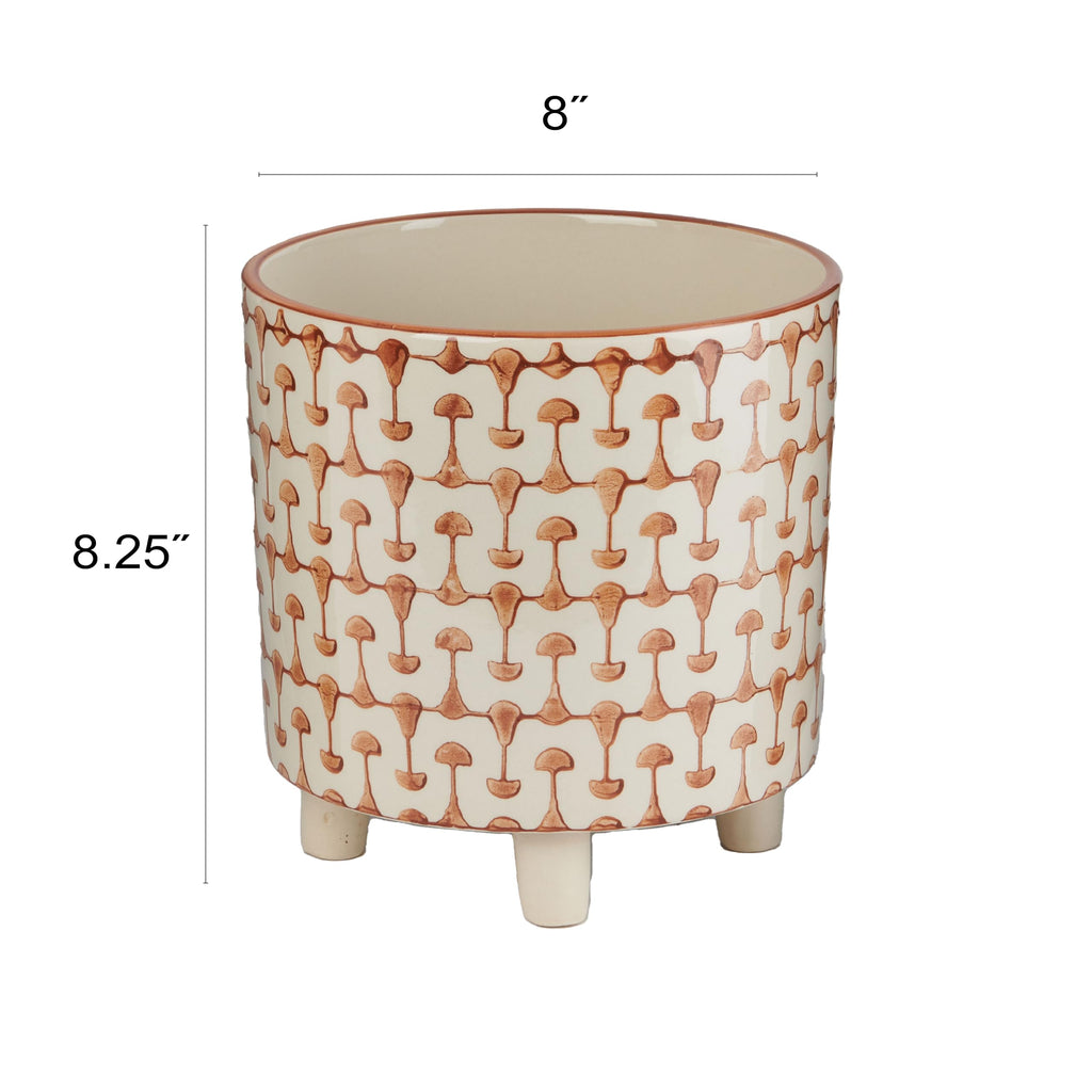 Footed Stoneware Planter with Abstract Print, Rust and White