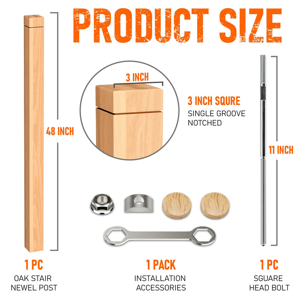 Stair Newel Post Kit 3"x3"x48" with Hardware & 2 Wood Plugs for a Hidden