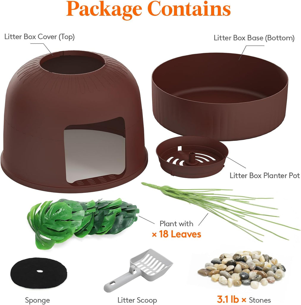 Hidden Plant Cat Litter Box with Plastic Scoop, Brown