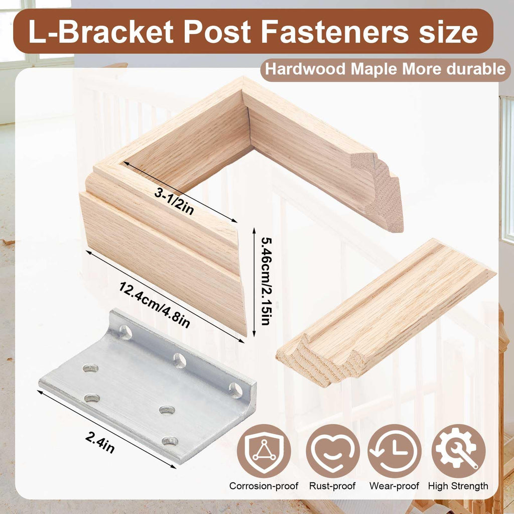 2 Set 3" Newel Post Mounting Kit 8 Pcs L Bracket Post Fasteners with 8 Pcs Maple Wood Skirt Trim and Screws for
