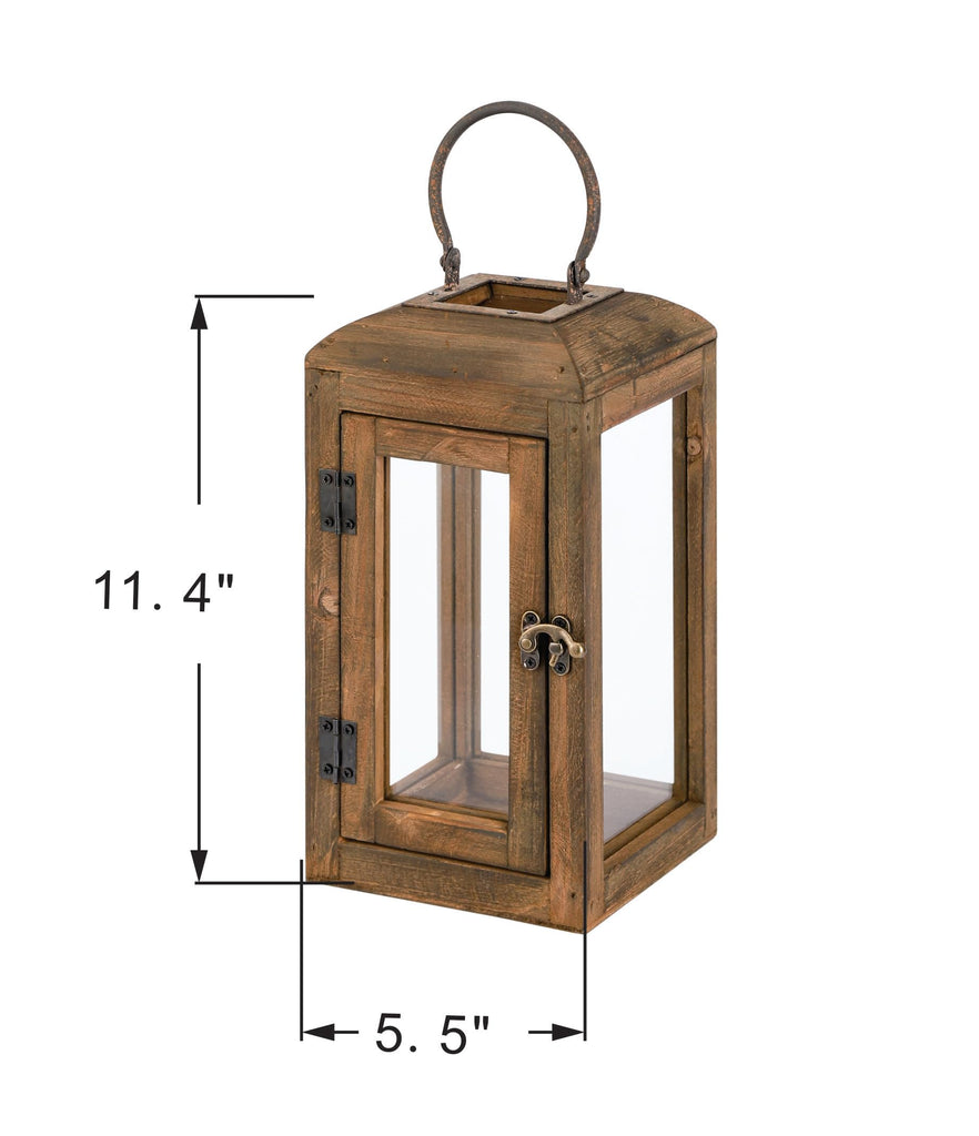 11" High Wooden Lantern Made of Solid Firwood in Handpainted Mediterranean Brown with Metal Handle, Hurricane Lantern