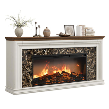 Modern Electric Fireplace with Mantel, 70" Fireplace TV Stand Up to 80" TVs, Farmhouse Entertainment Center with
