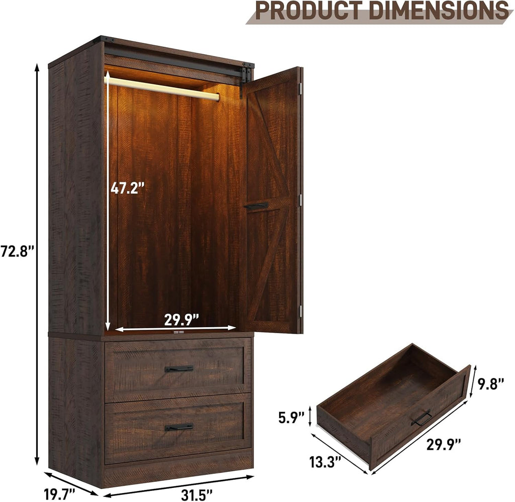 Farmhouse 2 Doors Armoire Wardrobe Closet w/ Folding Sliding Barn Door and Lights, LED Armoire Closet w/Drawers