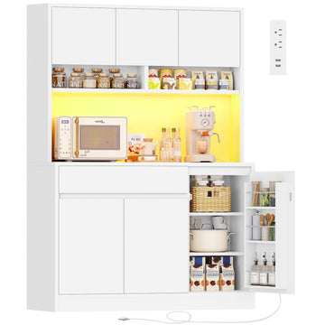 Kitchen Pantry Storage Cabinet with LED & Charging Station, Pantry Cabinet with Microwave Stand & Open Shelves