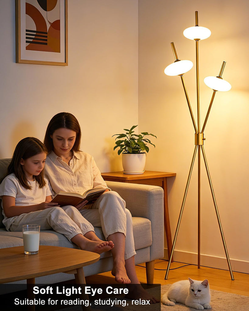 Tripod Floor Lamp Stepless Dimmable Gold Standing Tall Lamps with 3PCS Elliptical Lampshades Mid Century Modern Floor