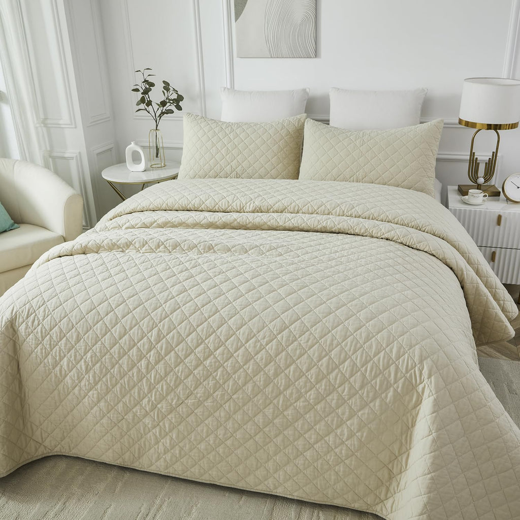 Beige Plaid Stitched Quilt Set Cotton All Season Coverlet