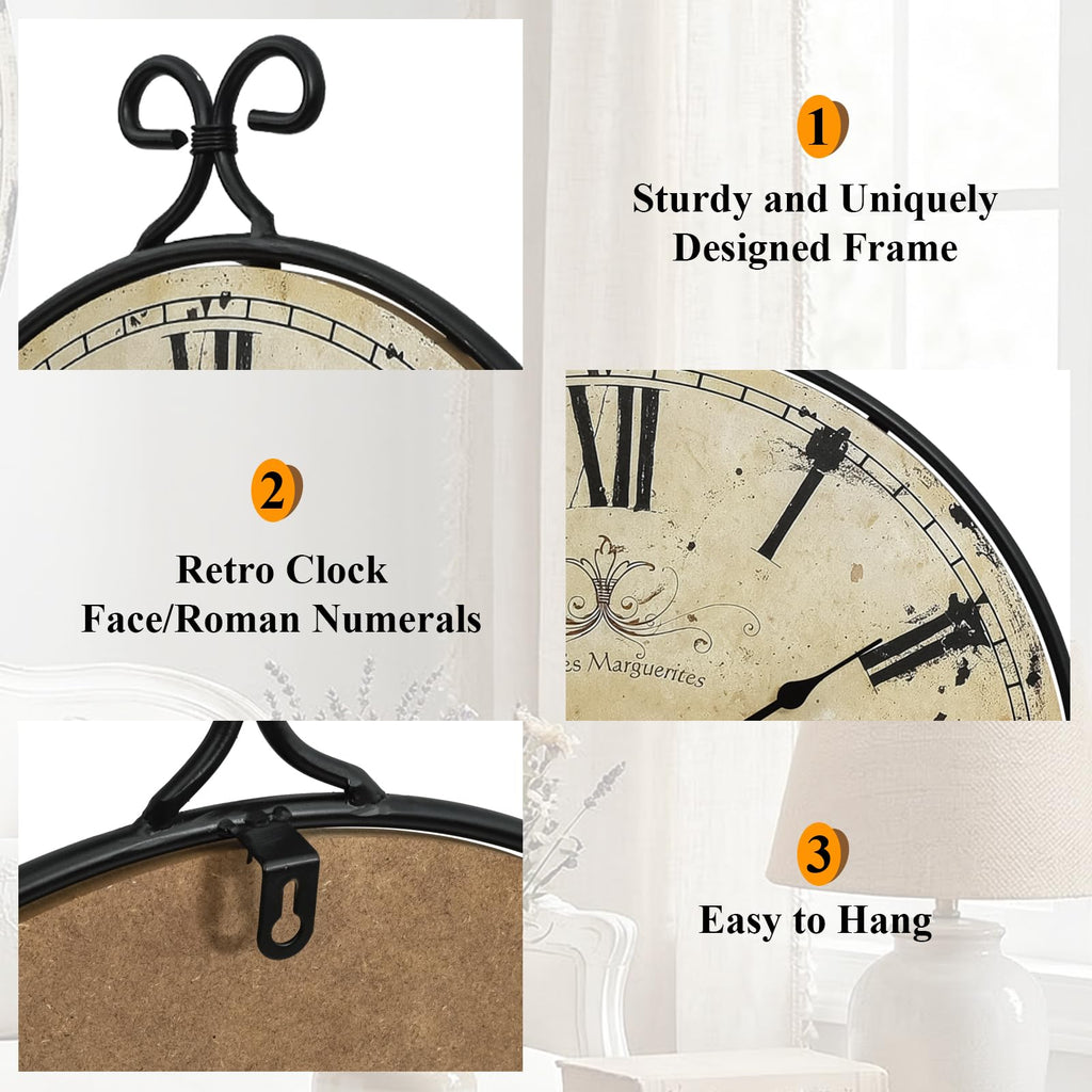 24 Inch Large Farmhouse Wall Clock, Wrought Iron Frame with Retro Gold Finish, Silent Battery Operated Wall Clocks