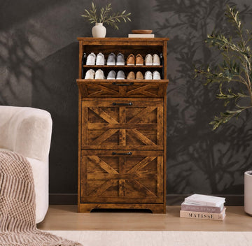 Shoe Cabinet with 3 Flip Drawers, Farmhouse Shoe Storage, Wooden Shoe Organizer Cabinet with Adjustable Shelves