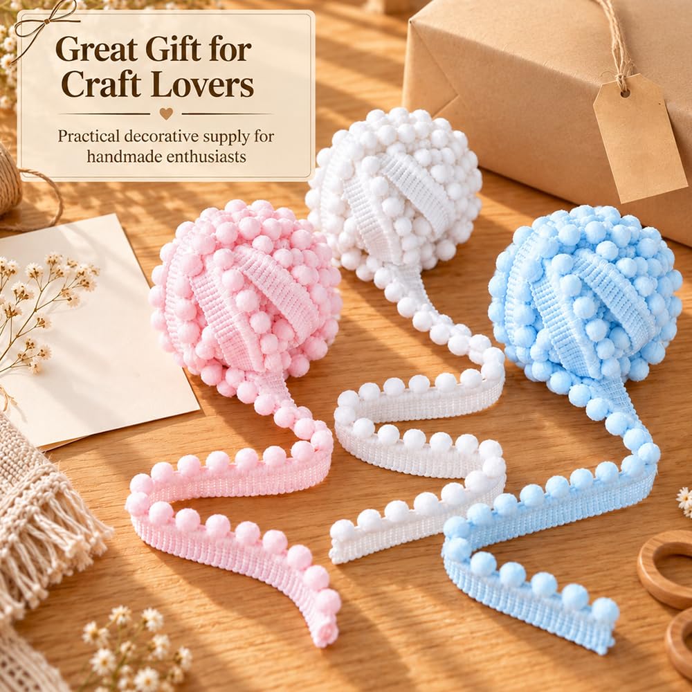 Pom Pom Trim Ribbon, 10 Yards White Pom Ball Fringe Trim for Sewing DIY