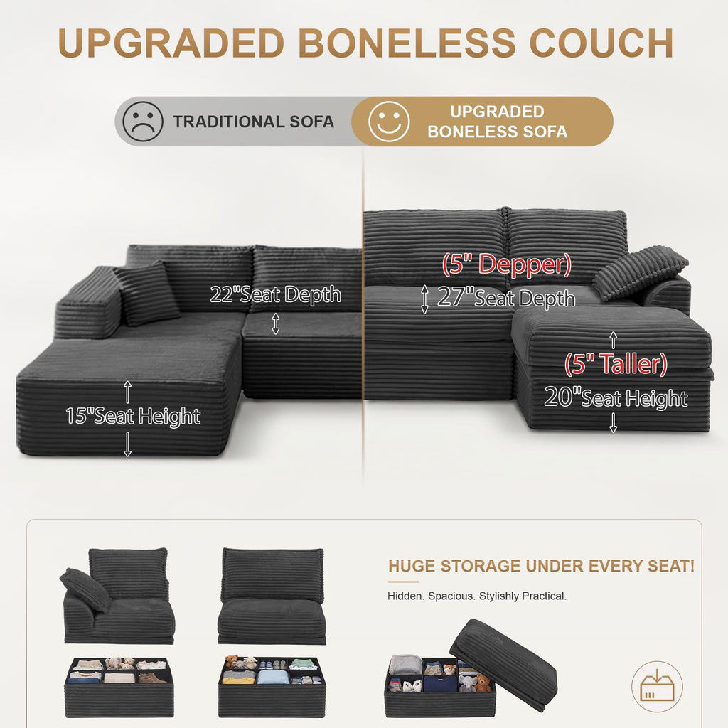 Upgraded Boneless Couch with Storage, Sectional Couches, L-Shaped Modular Cloud Corduroy Sofa with Ottoman &