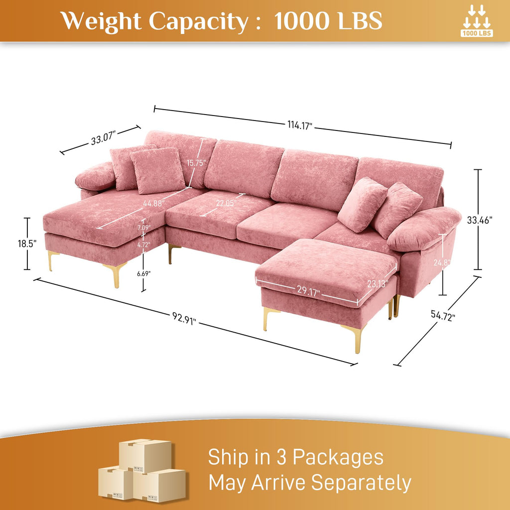 114" U-Shaped Sectional Couch with Ottoman, Pink