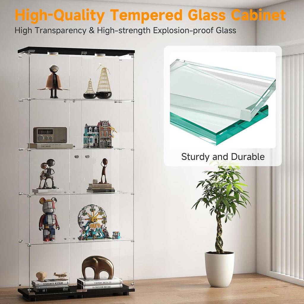 Glass Display Cabinet 5-Tier with LED Lights, Double Door, Black | Curio Cabinet with Glass Doors and Lock, Glass