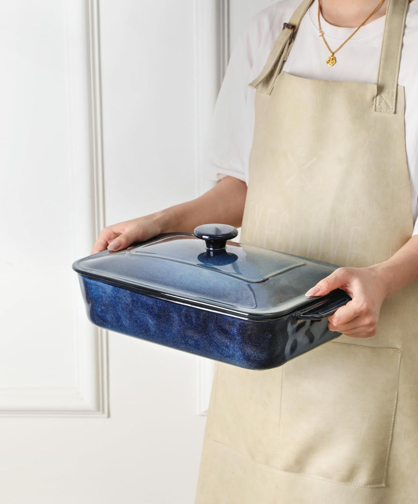 Ceramic Casserole Dish with Lid, 4.2 Quart Deep Baking Pan with Handles, Rectangular Lasagna Pan, Oven, Microwave &