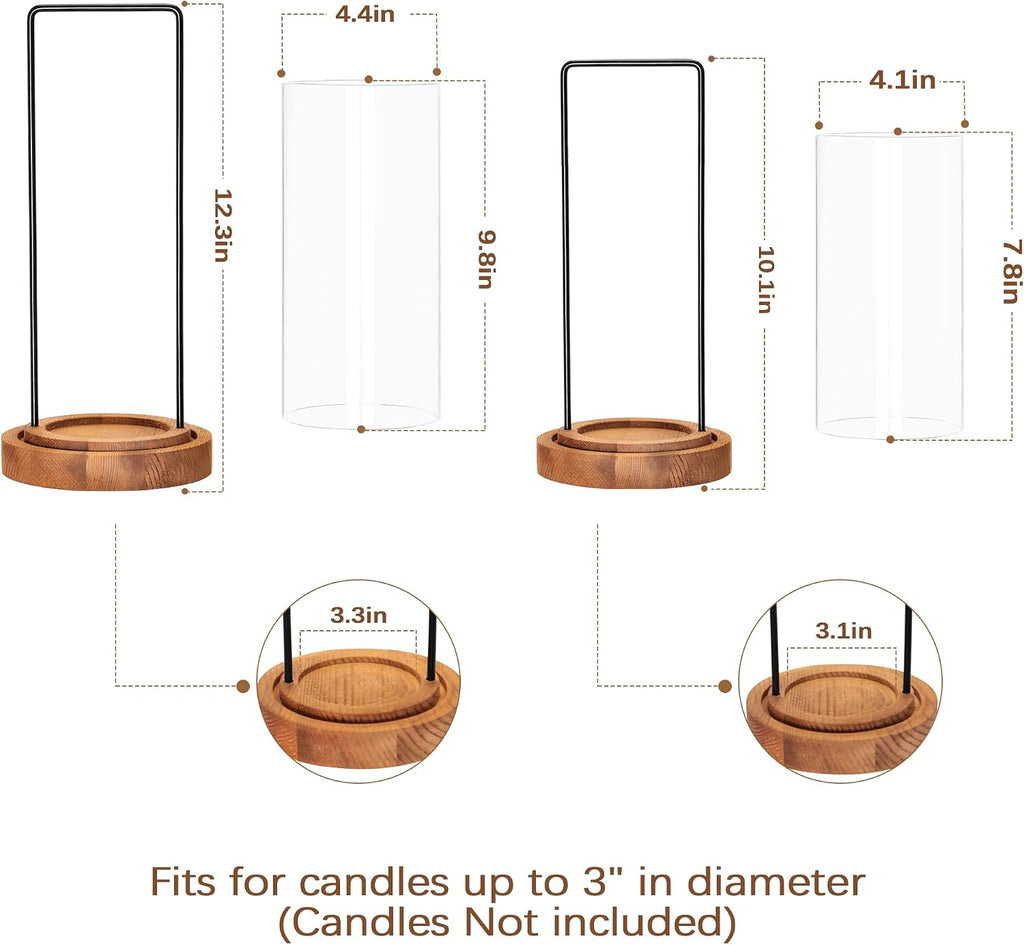 Set of 2 Hurricane Candle Holders Lantern 12" & 10"with Wood Base Metal Handle Glass Cylinder Modern Farmhouse Decor