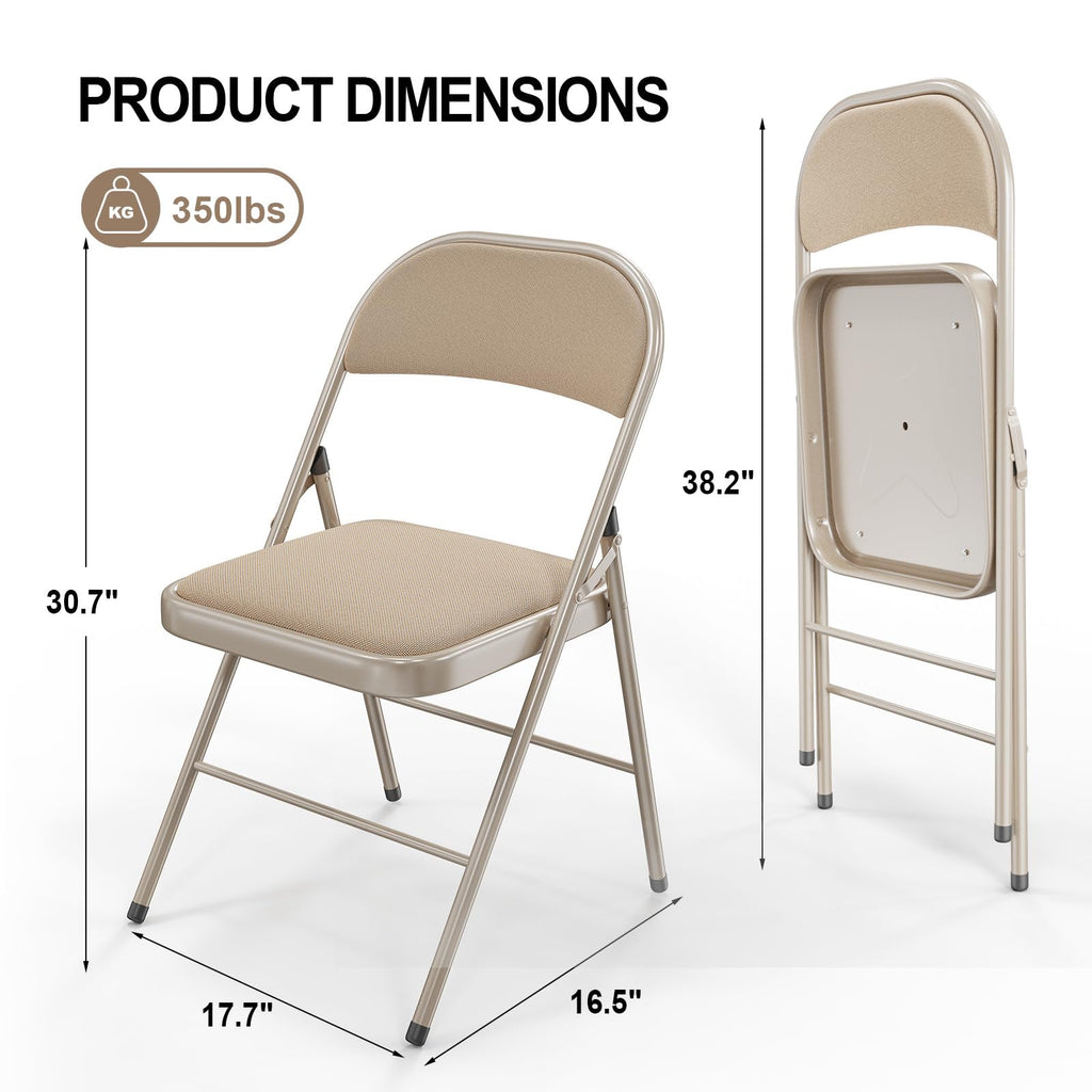 10 Pack Folding Chairs with Padded Seats, Metal Frame with Fabric Seat & Back, Capacity 350 lbs, Khaki, Set of 10
