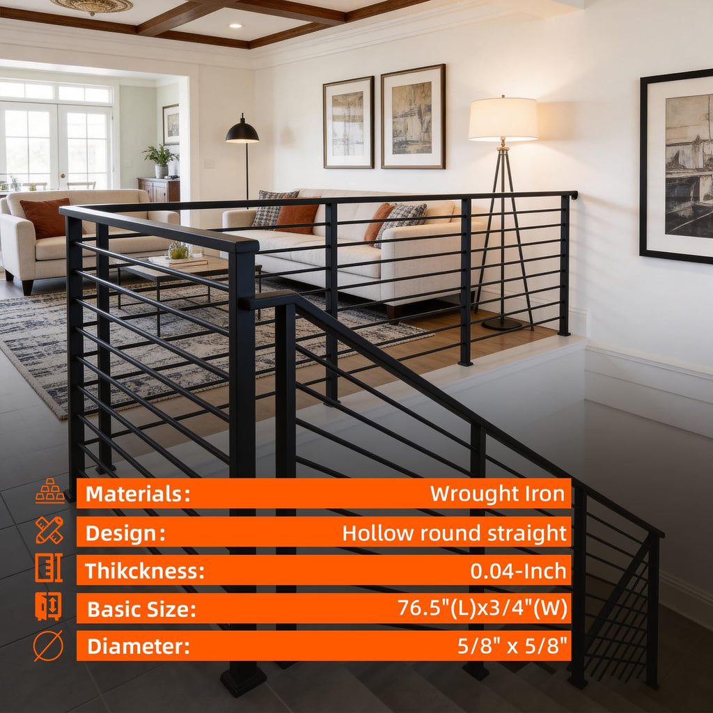 6.4FT x 3/4 inch Wrought Iron Horizontal Balusters, Round Deck Stair Bar Spindles, Satin Black Hollow Straight Railings