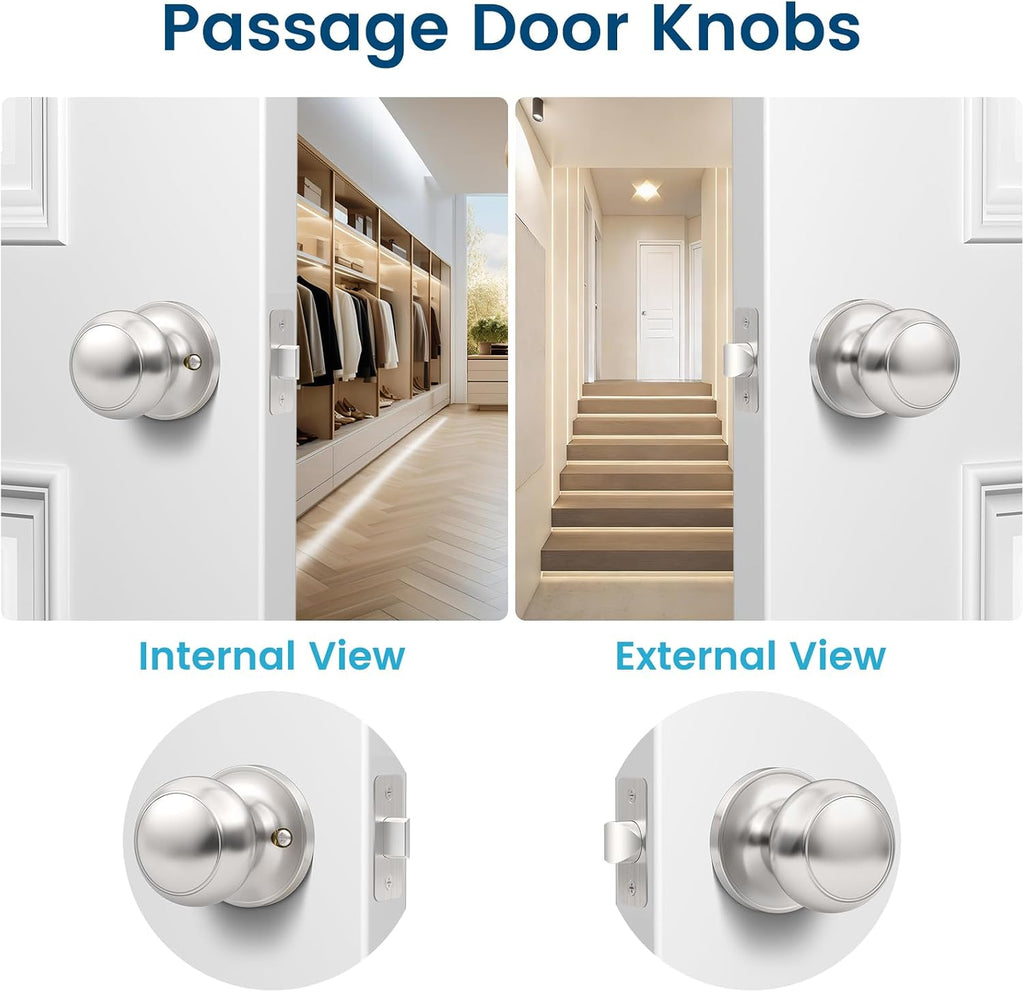 6 Pack Brushed Nickel Door Knob, Round Interior Door Knobs Closet, Non-Locking Passage Door Knobs, Keyless Door