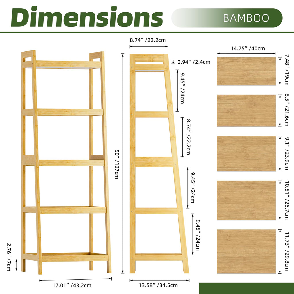 Bookshelf, 5 Tier Ladder Bookcase with Bamboo Frame, Freestanding Tall Narrow Display Plant Shelf, Balcony, Natural