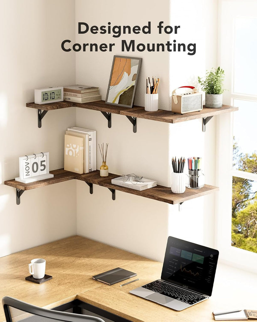 Corner Floating Shelves, Paulownia Wood, Set of 4, Brown