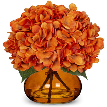 Orange Fall Hydrangeas with Vase Indoor Faux Fall Artificial Decor Silk Fake Arrangements in Glass Vase Autumn