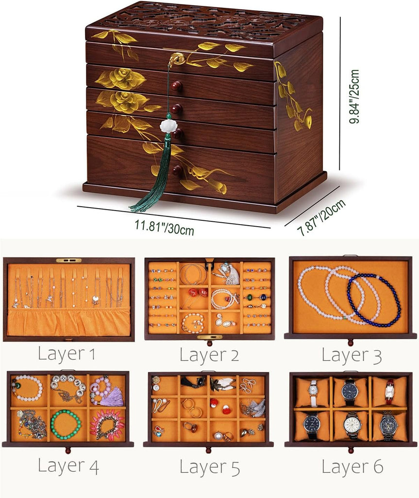 Painted Wooden Jewelry Box for Women, 6-Layer Vintage Organizer with Lock
