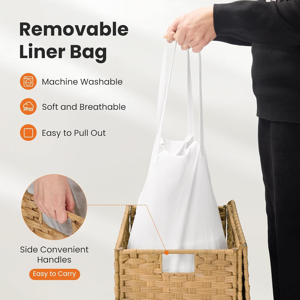 Wicker Laundry Basket with Lid, 110L Woven Laundry Hamper with Handles, Foldable Rattan Clothes Hamper with Removable