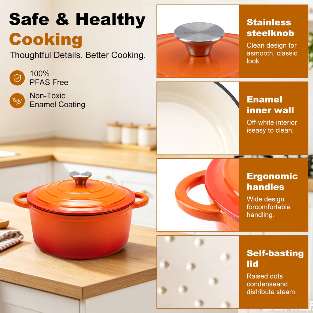 Enameled Cast Iron Round Dutch Oven -4QT Pot With Lid, Orange