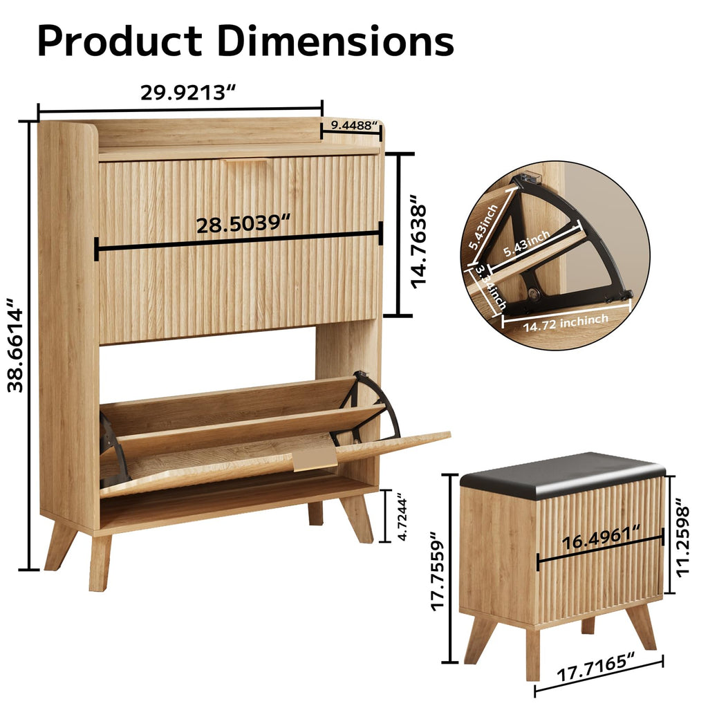 Shoe Cabinet with Bench, Fluted Entryway Shoe Storage with 2 Flip Drawers, Narrow Hidden Organizer, Adjustable Shelf