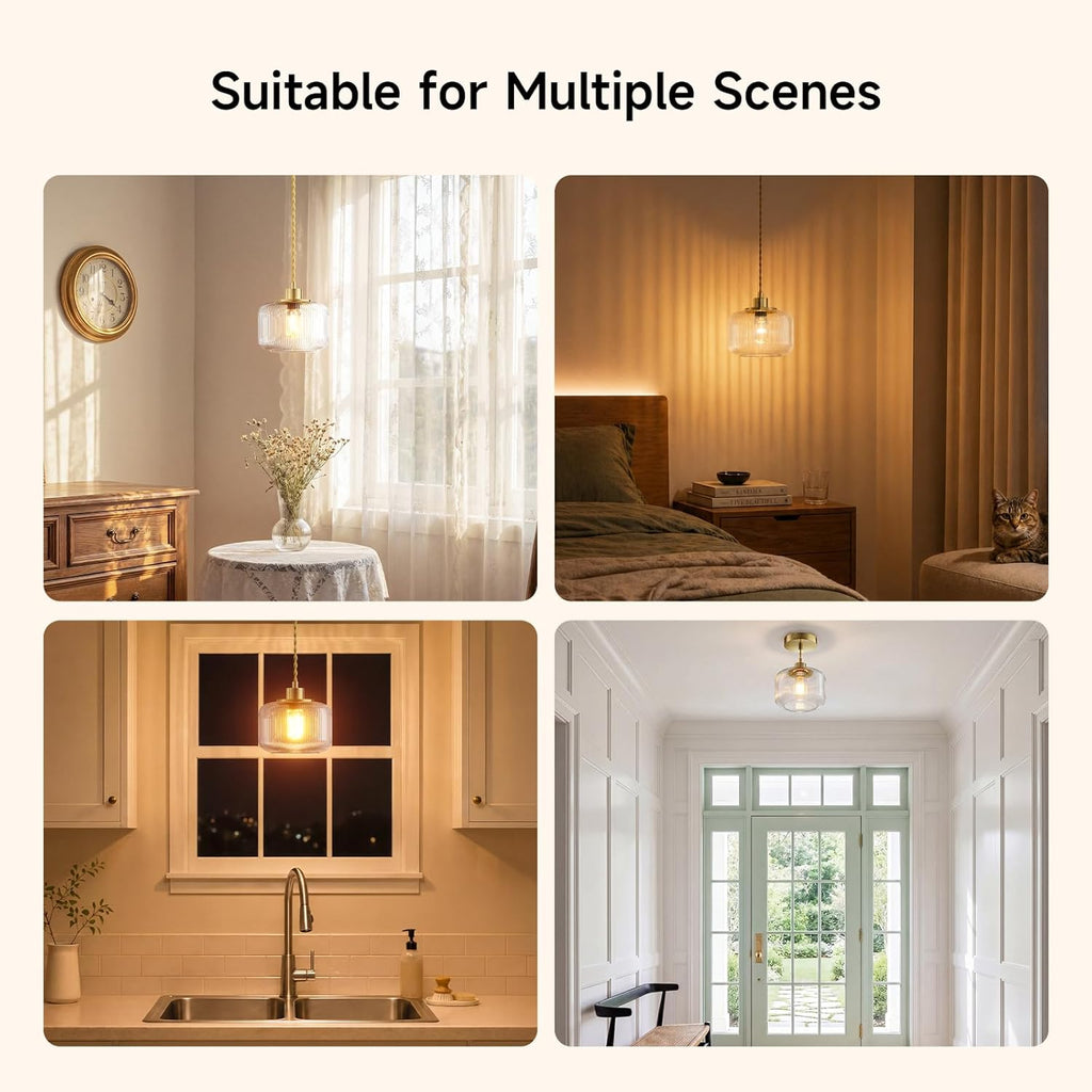 Clear Striped Glass Pendant Light, Gold Vintage Hand Blown Pendant Lamp, E26 7W LED Bulb Included, Adjustable