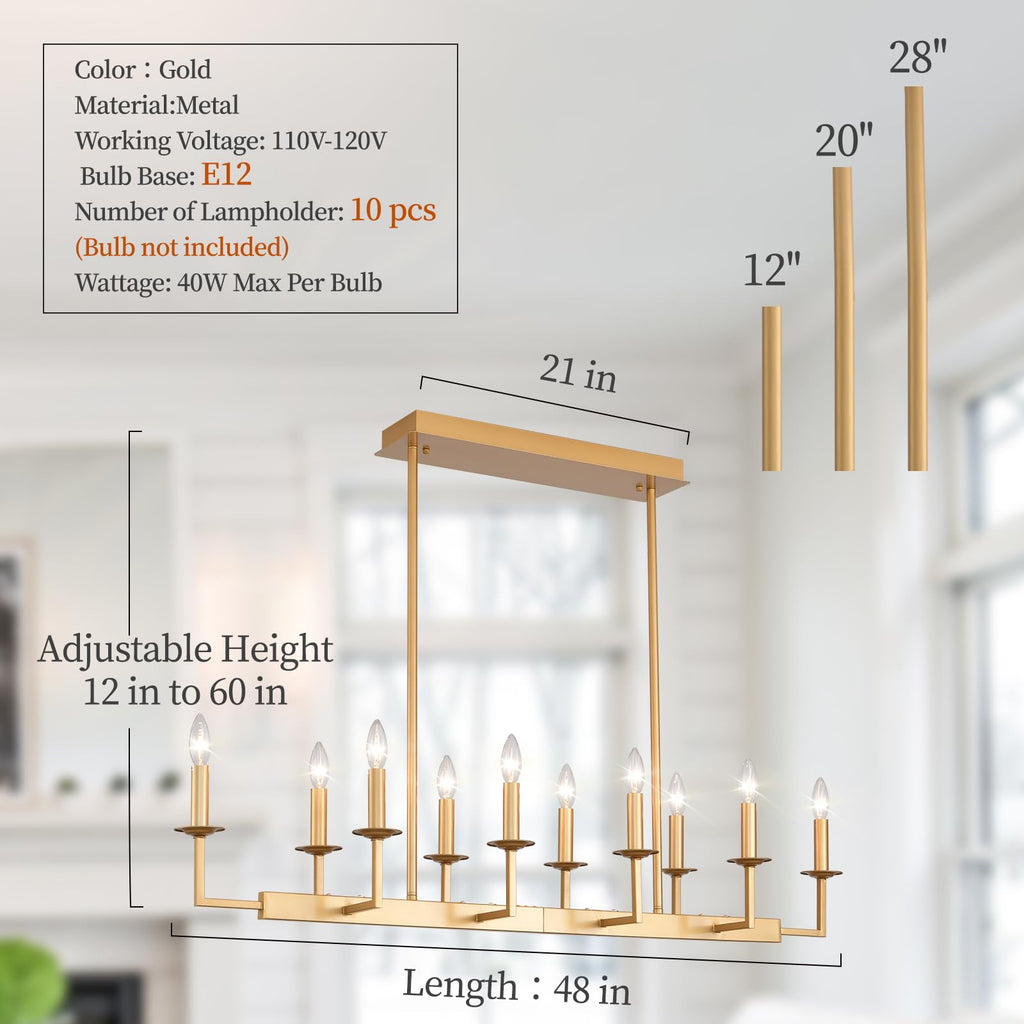 Rustic Gold Linear Chandelier,Extra Long Candle Chandelier,Gold Light Fixture Living Room Kitchen Island