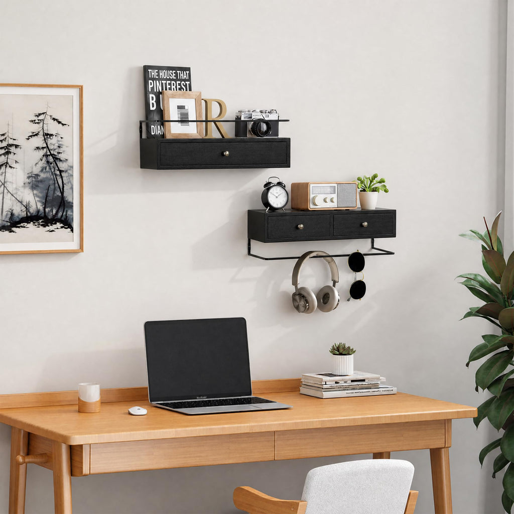 Floating Shelves With Drawers Set of 2, Wall Mounted Storage