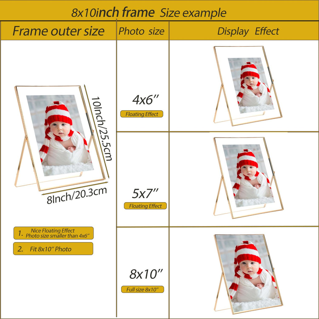 Gold 8x10 Floating Frame 2 Pack, For Photo Sizes(4x6'', 5x7'', 6x8'') Adjustable Tabletop/Shelf Floating Picture Frame