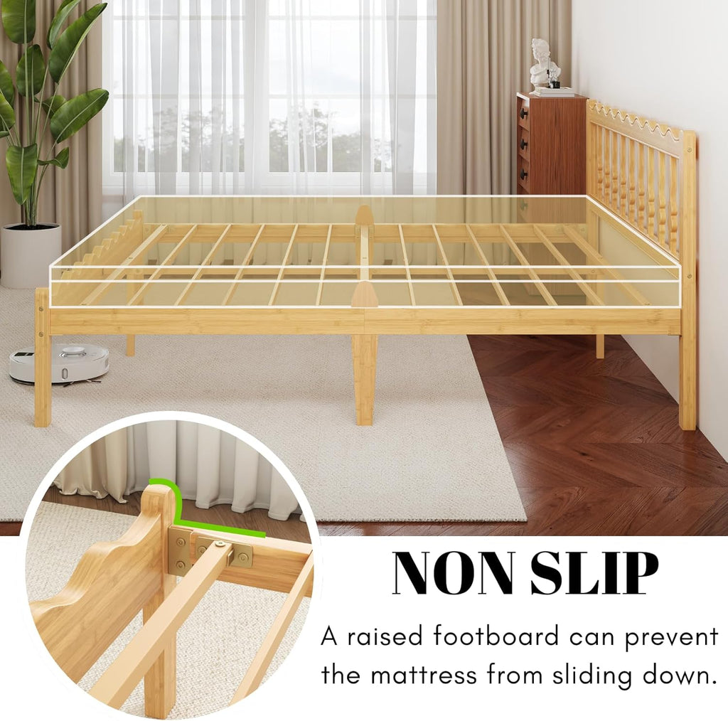 Bamboo Queen Bed Frame with Headboard, 14 inch Solid Wood Platform Bed Frames Queen with Metal Slats, No Box Spring