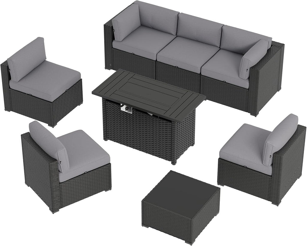 8 Piece Patio Furniture Set with 44" Fire Pit Table, Wicker Rattan Patio Sectional Sofa, Outdoor Furniture Set with