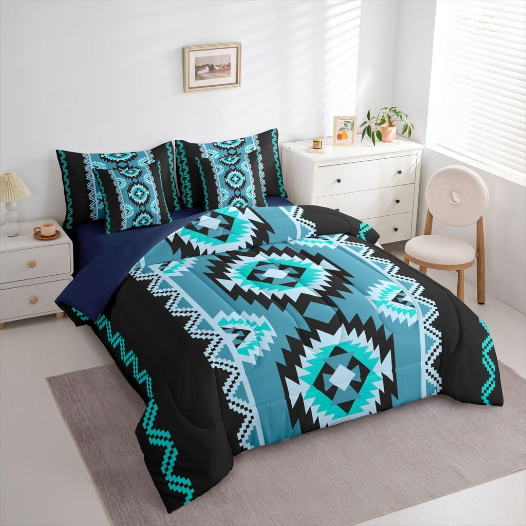Southwestern Aztec Comforter Set Full Size 7 Pieces Western Tribal Aztec Native American Bedding Set Blue Boho Exotic
