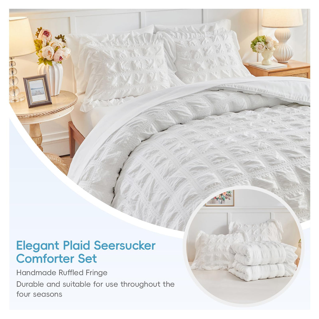 White Plaid Seersucker Comforter Set with Ruffled Fringe, 3 Pieces Soft Fluffy Farmhouse Bedding Set for
