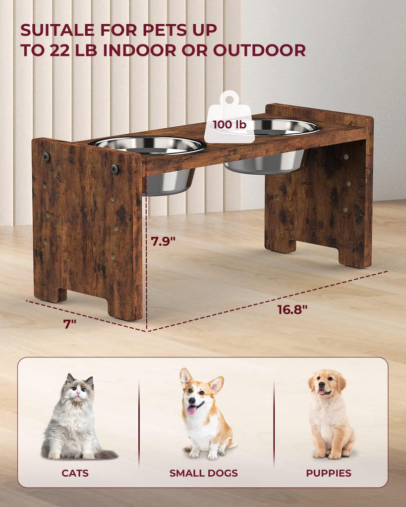 Elevated Dog Bowls, Raised Bowl Stand Adjustable Small, Rustic Brown