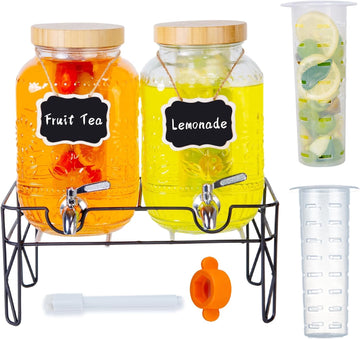 2-Pack1Gallon for Parties,Beverage Dispenser with Stainless Steel Leakproof Spigot/Stand/Bamboo Lids/Fruit - Set of 2