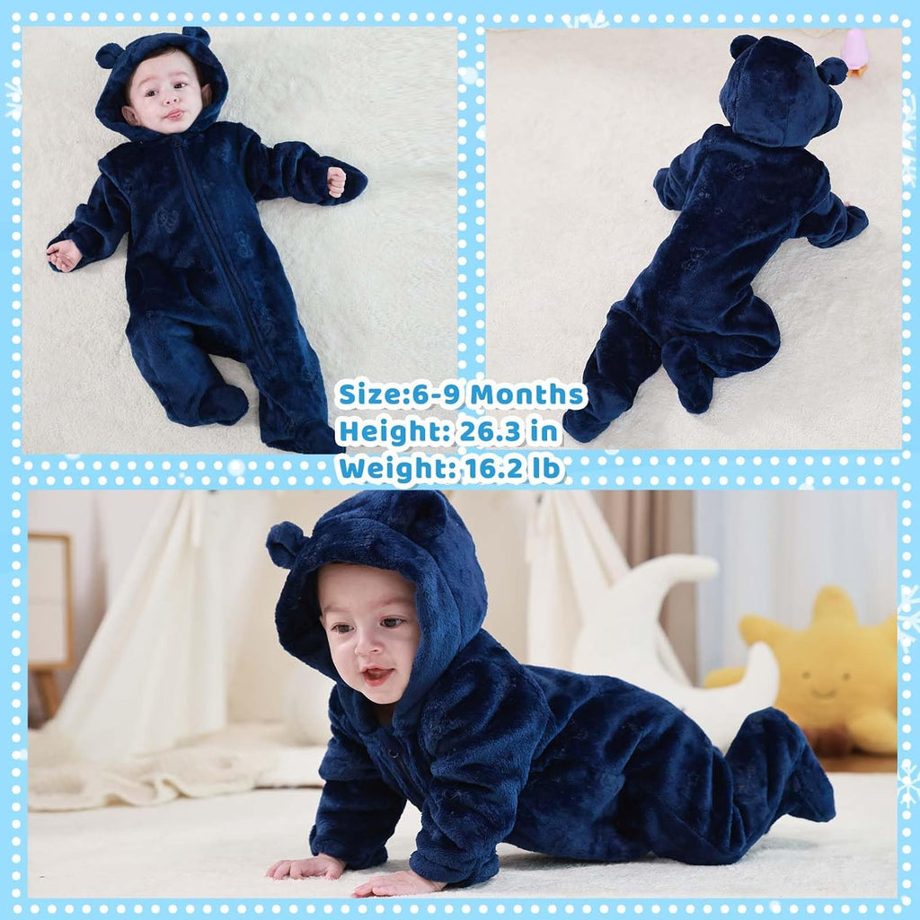 Baby Bear Suit Thin Fleece Footie Romper Snowsuit Hooded Jumpsuit Bodysuit Winter Clothes Boy Girl
