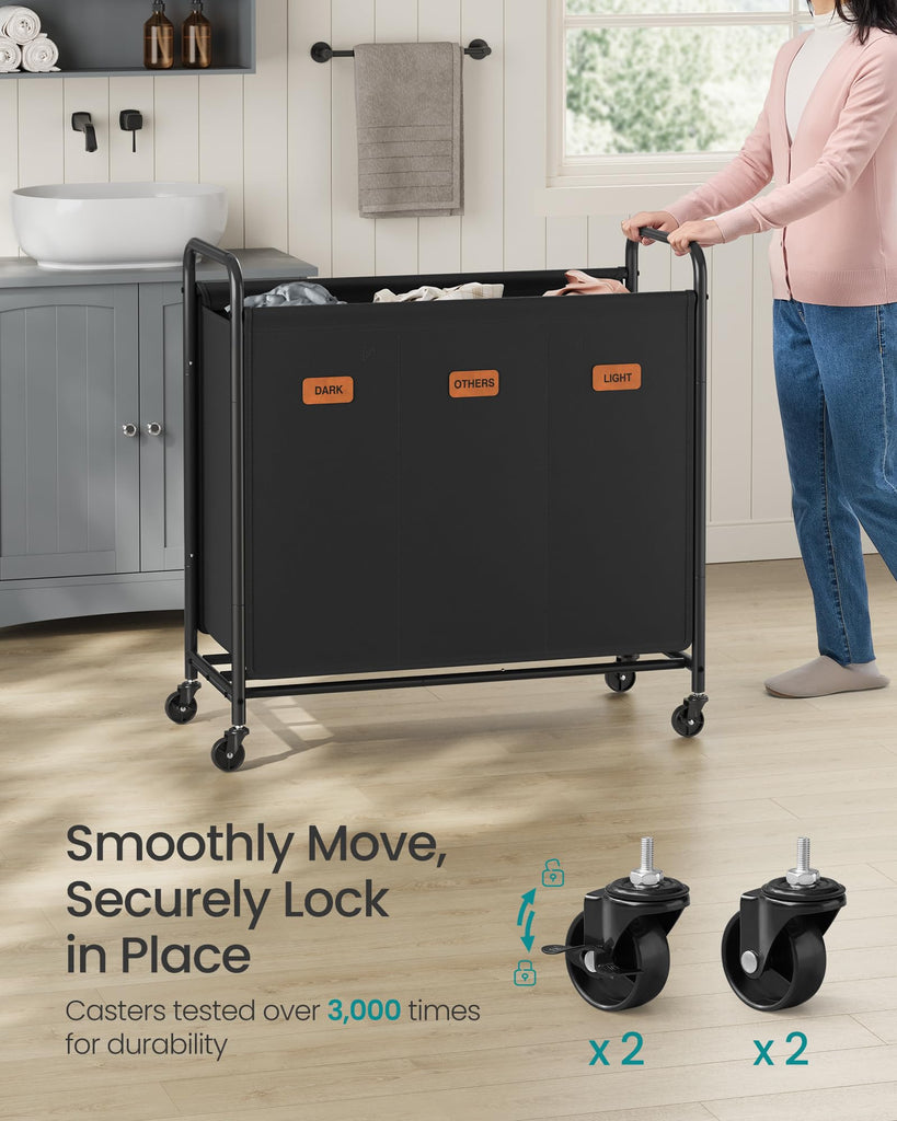 3-Section Laundry Sorter, with Wheels, Removable Bags