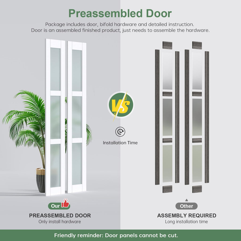Bifold Doors for 30"×80" Opening, White Frosted Glass Folding Barn Door, Sliding Interior Wood Panel Closet Bifolding