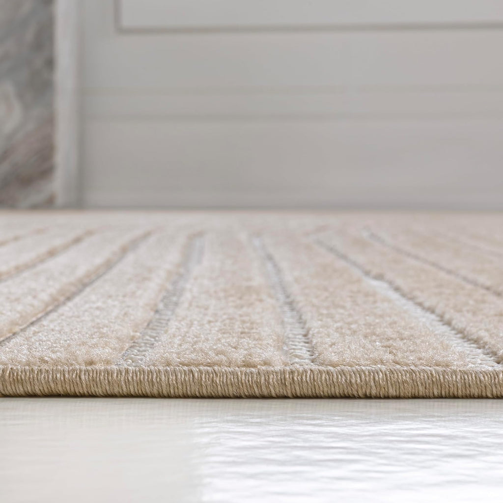 Hallie High-Low Curve Beige/Cream 8x10 Indoor/Outdoor Area Rug, Minimalist, Japandi, Geometric, Pet Friendly