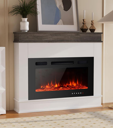 30 Inch Electric Fireplace Insert with Mantel, Freestanding Space Heater with Log Set and Crystal Stones, 750W/1500W, Adjustable LED Flame Colors, White