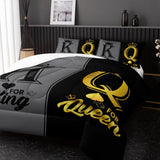 King and Queen Crown Comforter Set Black and Gray Couple Bedding Set，3Pcs Mr Mrs Comforter Set for Adults Couple Men