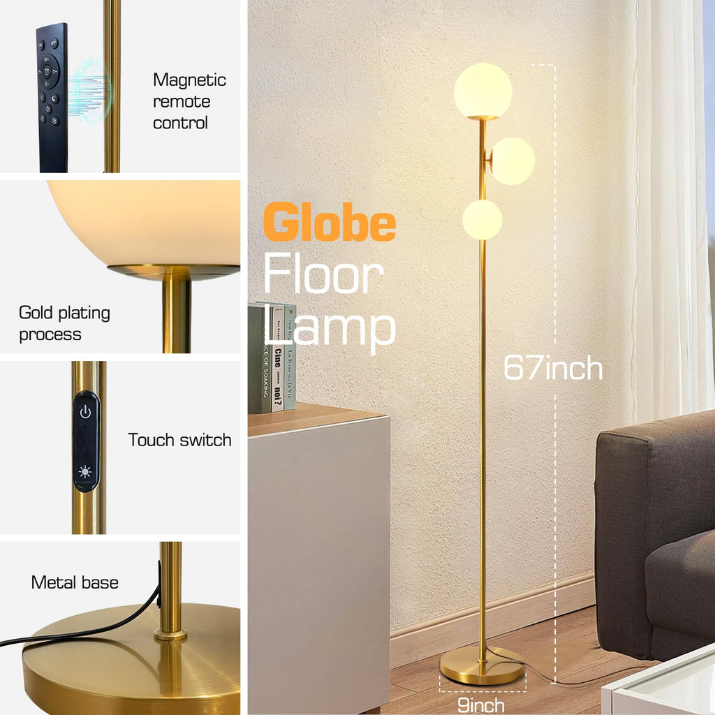Mid Century Gold Floor Lamp - Dimmable, Remote & Touch, 3-Light