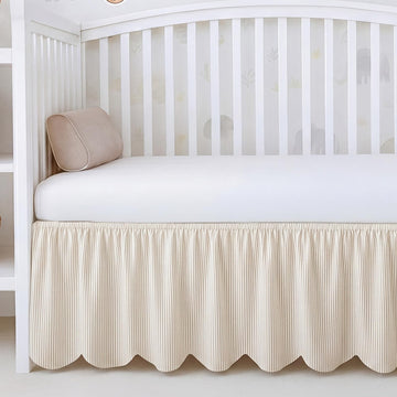 Beige Cotton Crib Skirt Scalloped Edge, 16" Drop Fits 28"x52"