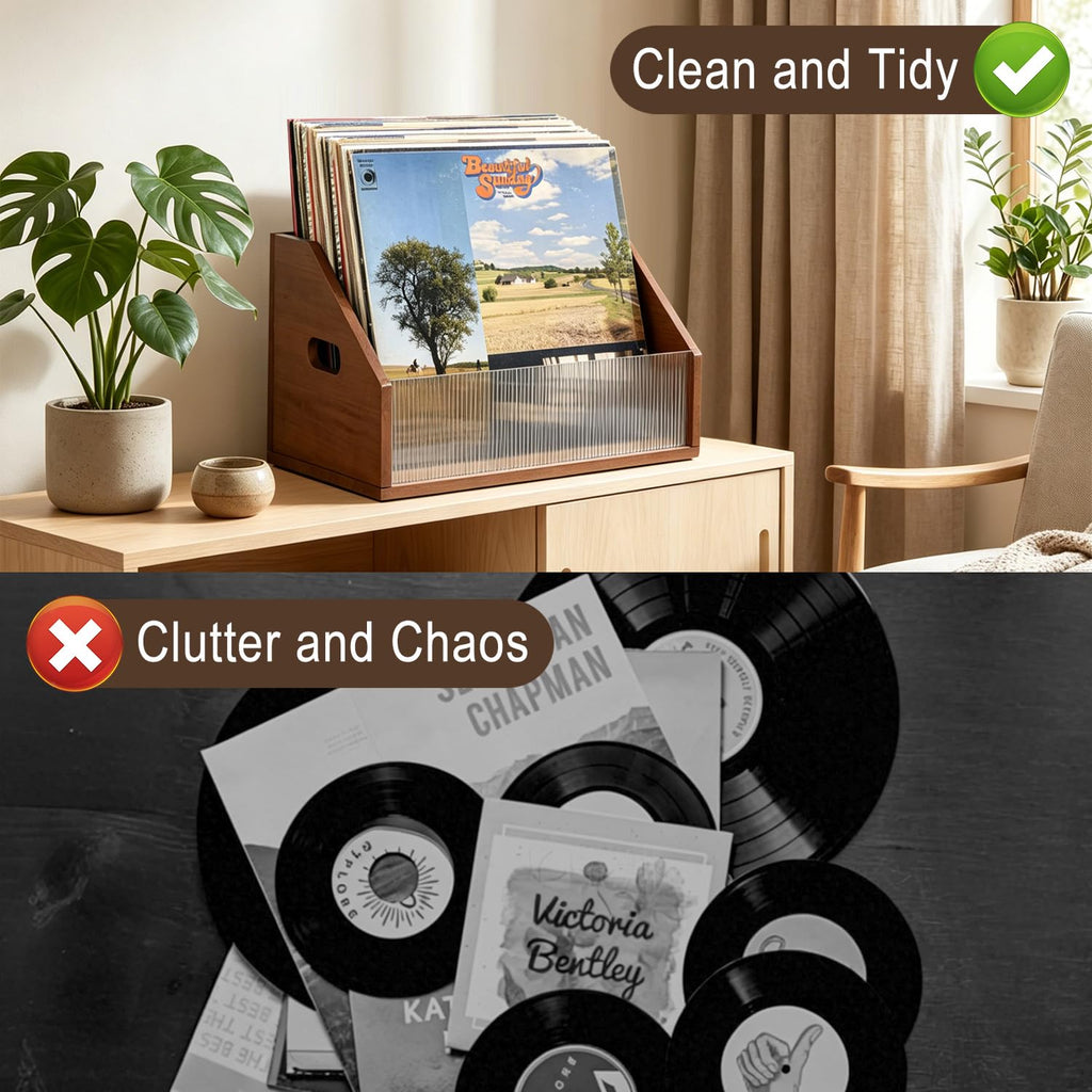 Vinyl Record Storage Crate, Solid Pine Wood Record Box Holds Up to 60 LP Albums, Wooden Vinyl Record Holder with